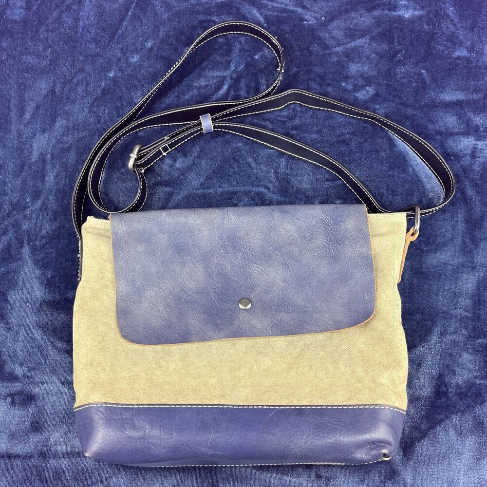 TSD Brand Blue Leather and Canvas Crossbody Shoulder Bag Handbag Purse